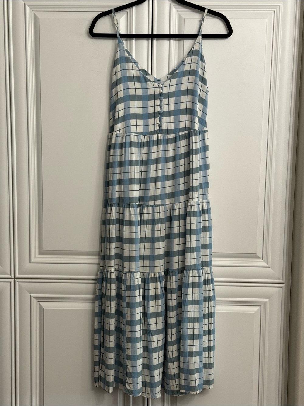 Salty Bright Sz 8 Blue and White Plaid Lightweight Tiered Midi Length Sun Dress